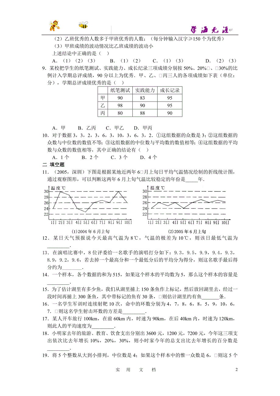 20春八数下(RJ)--4精品试题：第二十章 数据的分析周周测4（全章）_第2页