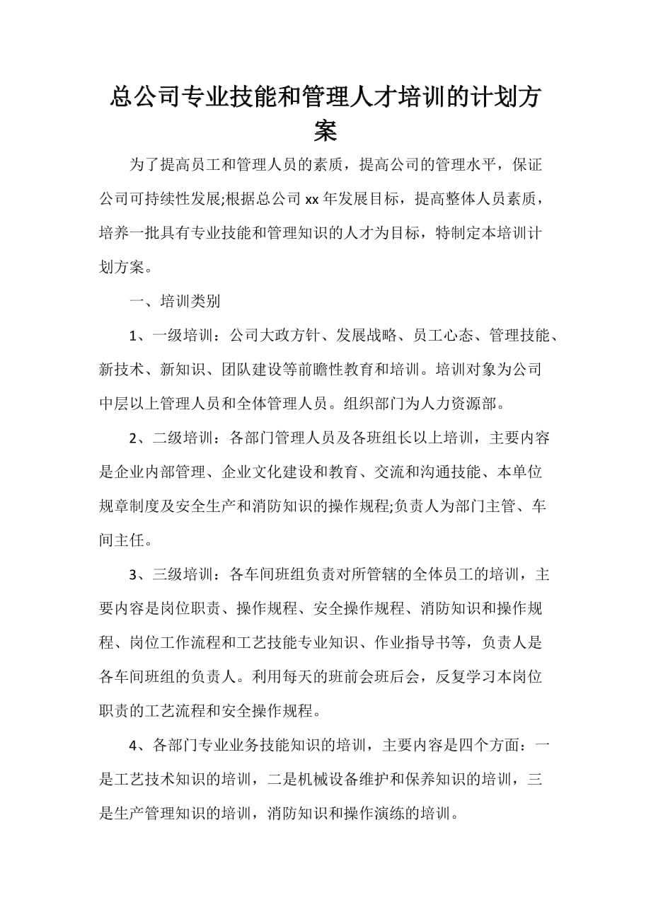 总公司专业技能和管理人才培训的计划方案_第1页