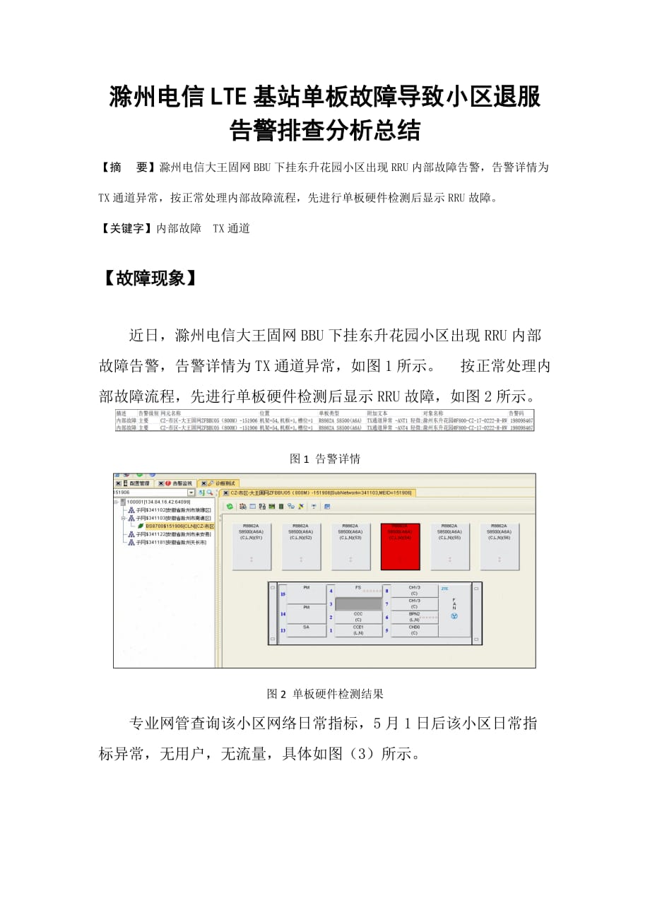 案例-滁州电信LTE基站单板故障导致小区退服告警排查分析总结_第1页