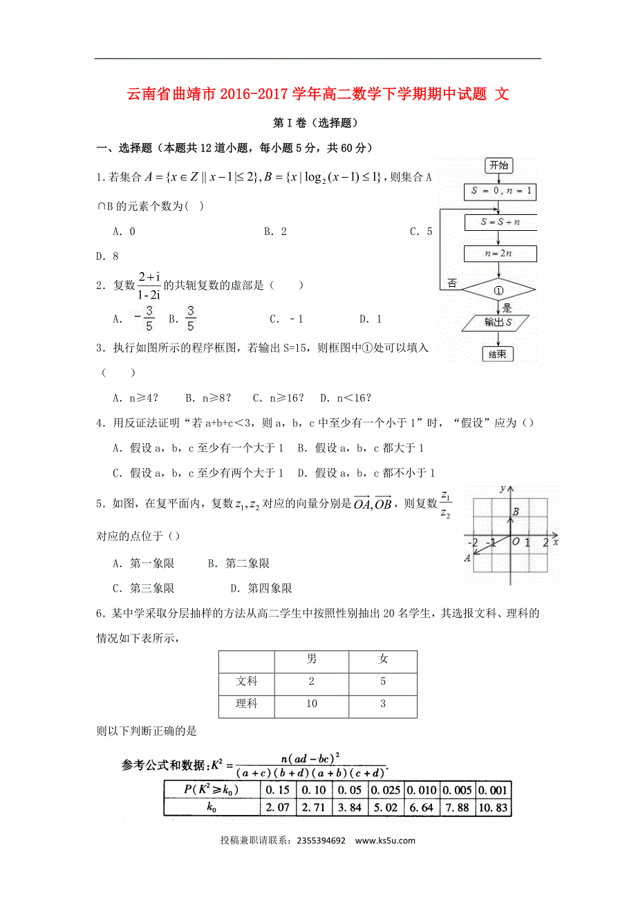 云南省曲靖市高二数学下学期期中试题 文_第1页