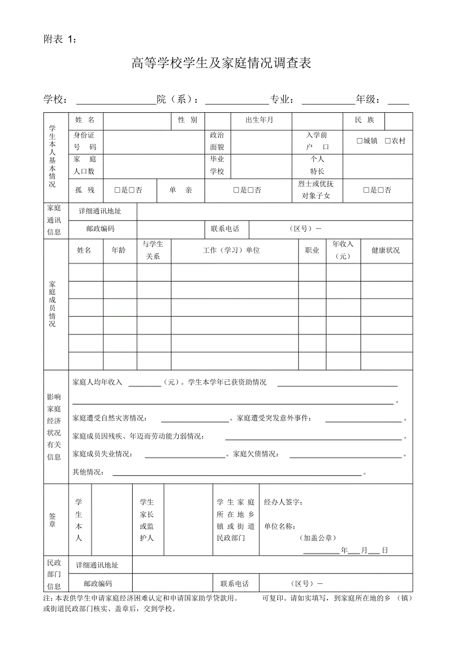 《高等学校学生及家庭情况调查表》新修订_第1页