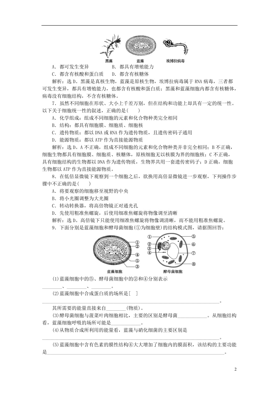 高考生物大一轮复习 第一单元 细胞及分子组成 第1讲 走近细胞课后达标检测_第2页