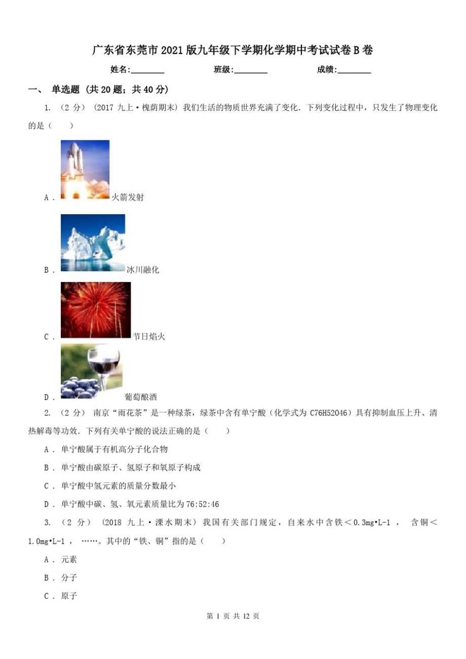 广东省东莞市2021版九年级下学期化学期中考试试卷B卷（修订-编写）新修订_第1页