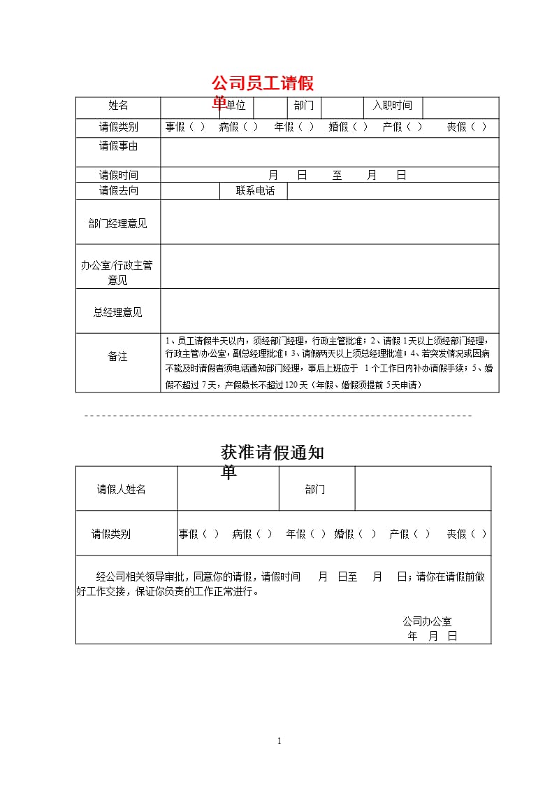 公司员工请假单（2020年10月整理）.pptx_第1页