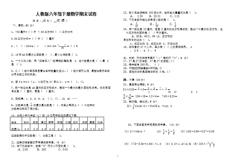 人教版六年级数学下册期末试卷（2020年10月整理）.pptx_第1页