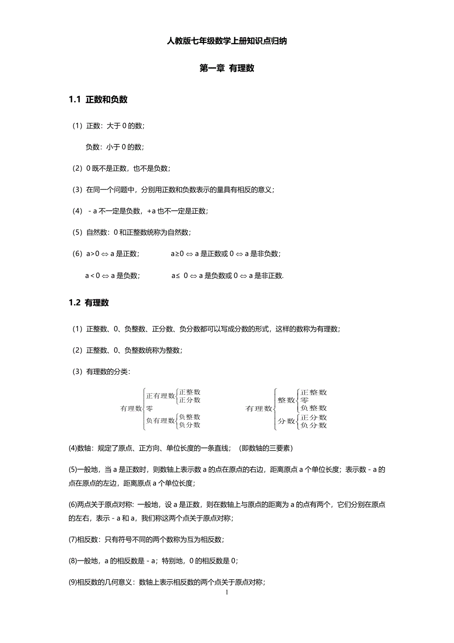 人教版七年级数学上册知识点归纳(最新版)新修订_第1页