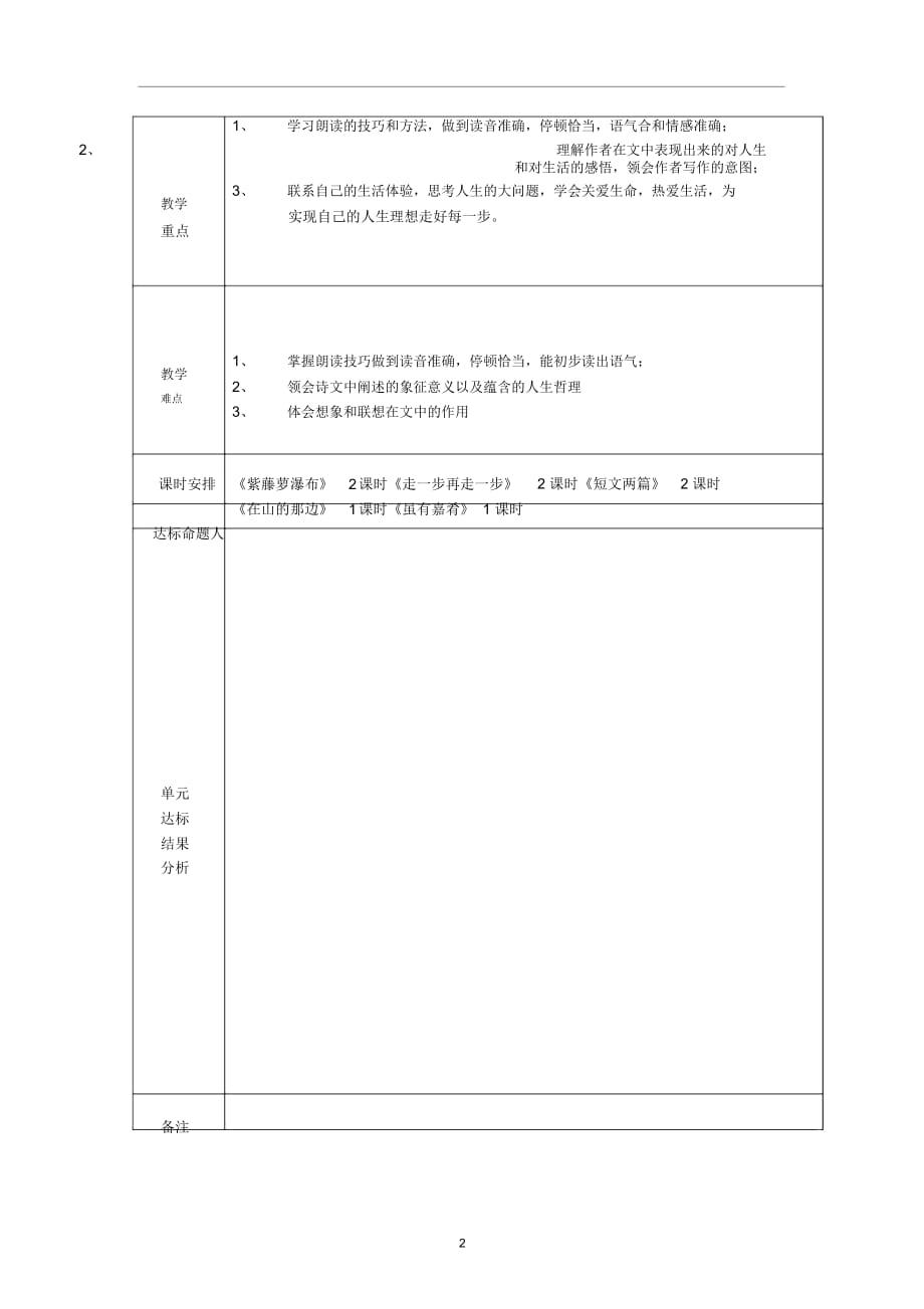 山东省德州市2015年七年级语文上册第四单元达标教学计划教案(新版)新人教版_第2页