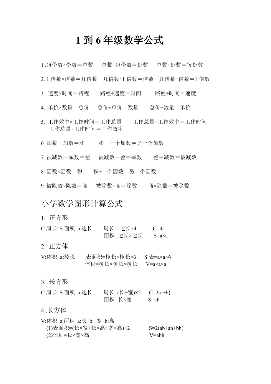 小学一到六年级数学公式大全-新修订_第1页