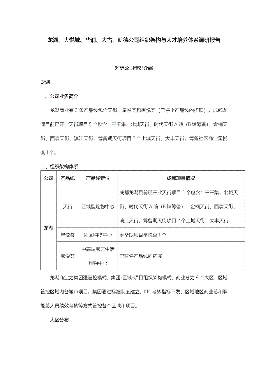 龙湖、大悦城、华润、太古、凯德公司商业组织架构与人才培养体系调研报告-新修订_第1页