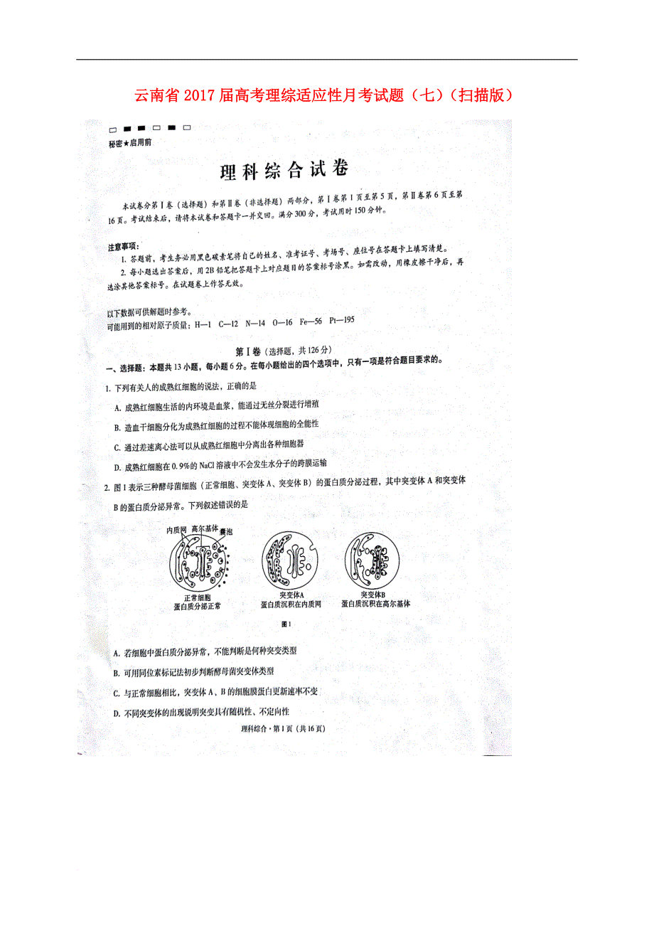 云南省高考理综适应性月考试题（七）（扫描版）_第1页