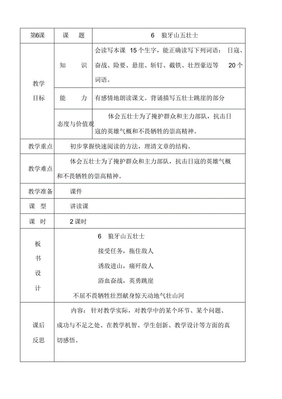 2019部编人教版六年级语文上册第6课《狼牙山五壮士》教案教学设计(表格)_第1页