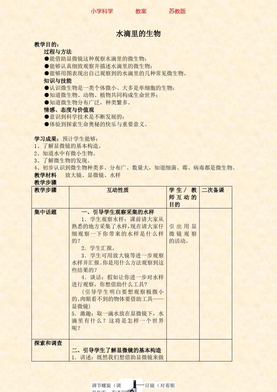 苏教版科学六年级上册教案1.1水滴里的生物2-附知识点梳理_第1页