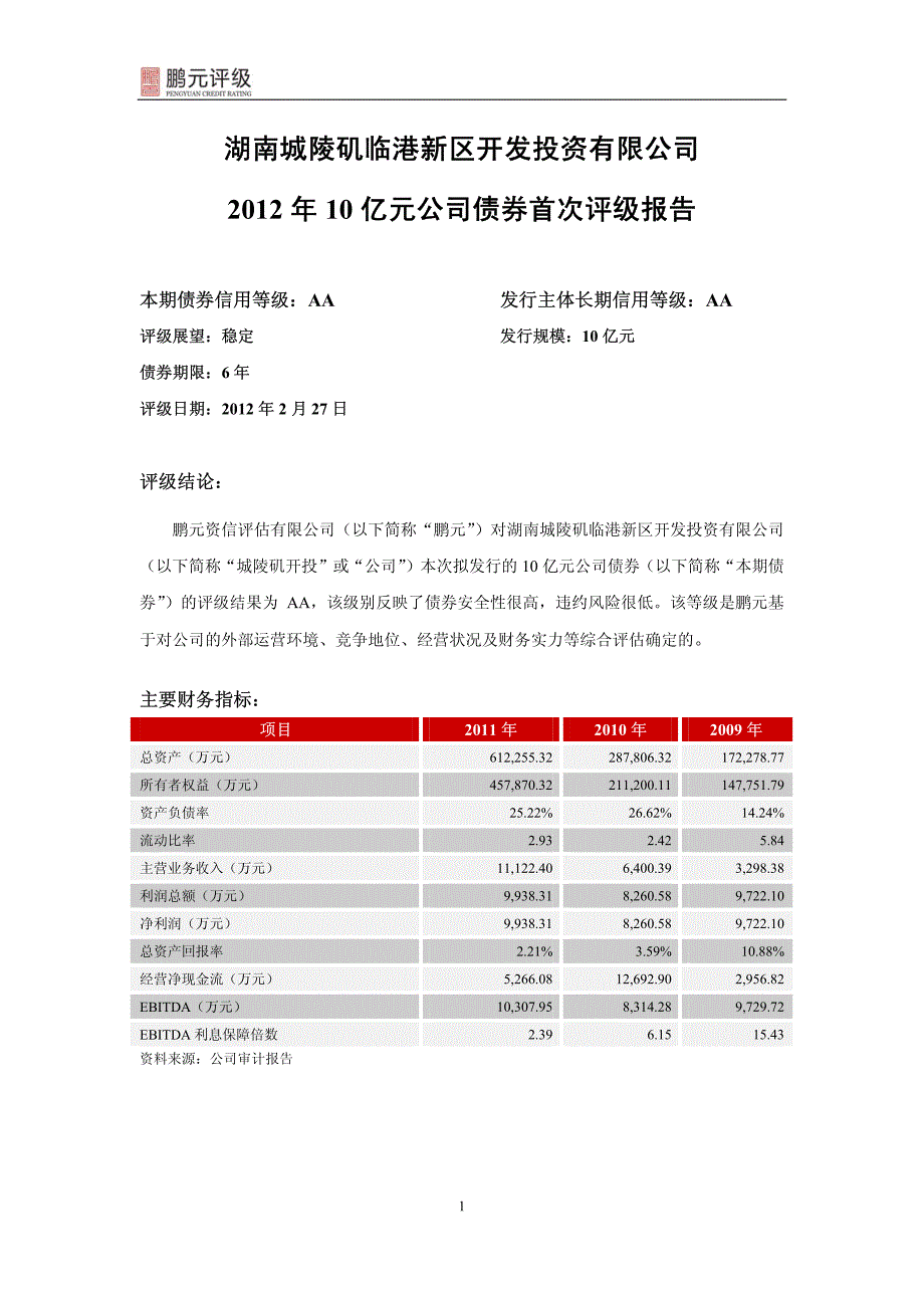 湖南城陵矶临港新区开发投资有限公司2012年10亿元公司债券首次评级报告_第3页