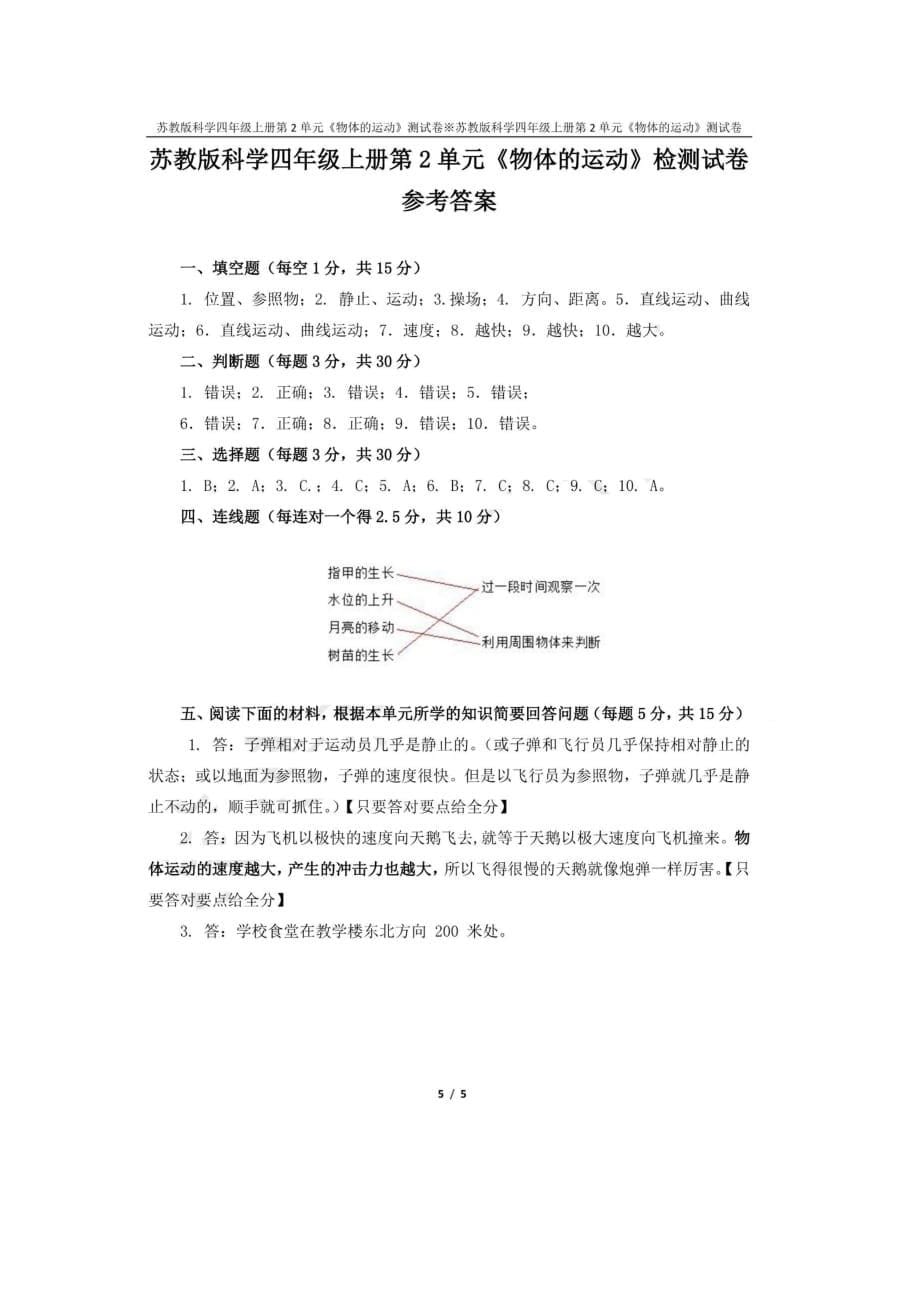 苏教版四年级上学期（上册）科学试题第二单元物体的运动测试卷（图片版含答案）_第5页