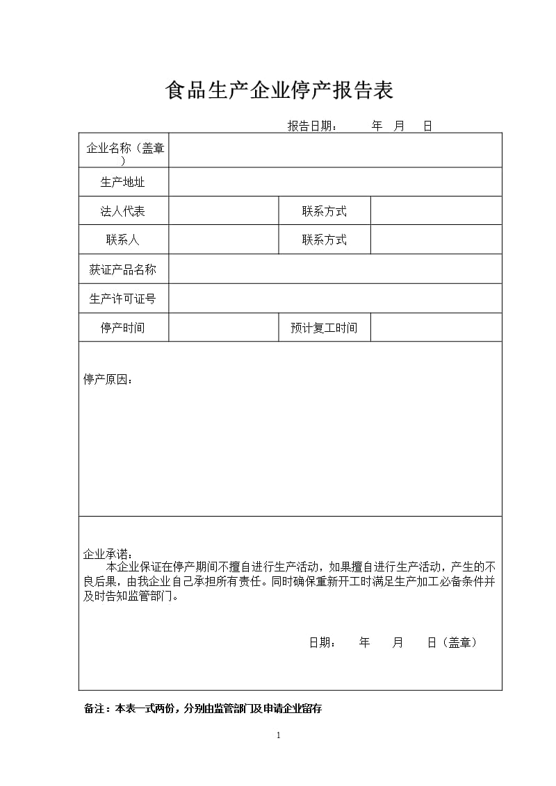 食品企业停产报告与复产报告表模板（2020年10月整理）.pptx_第1页