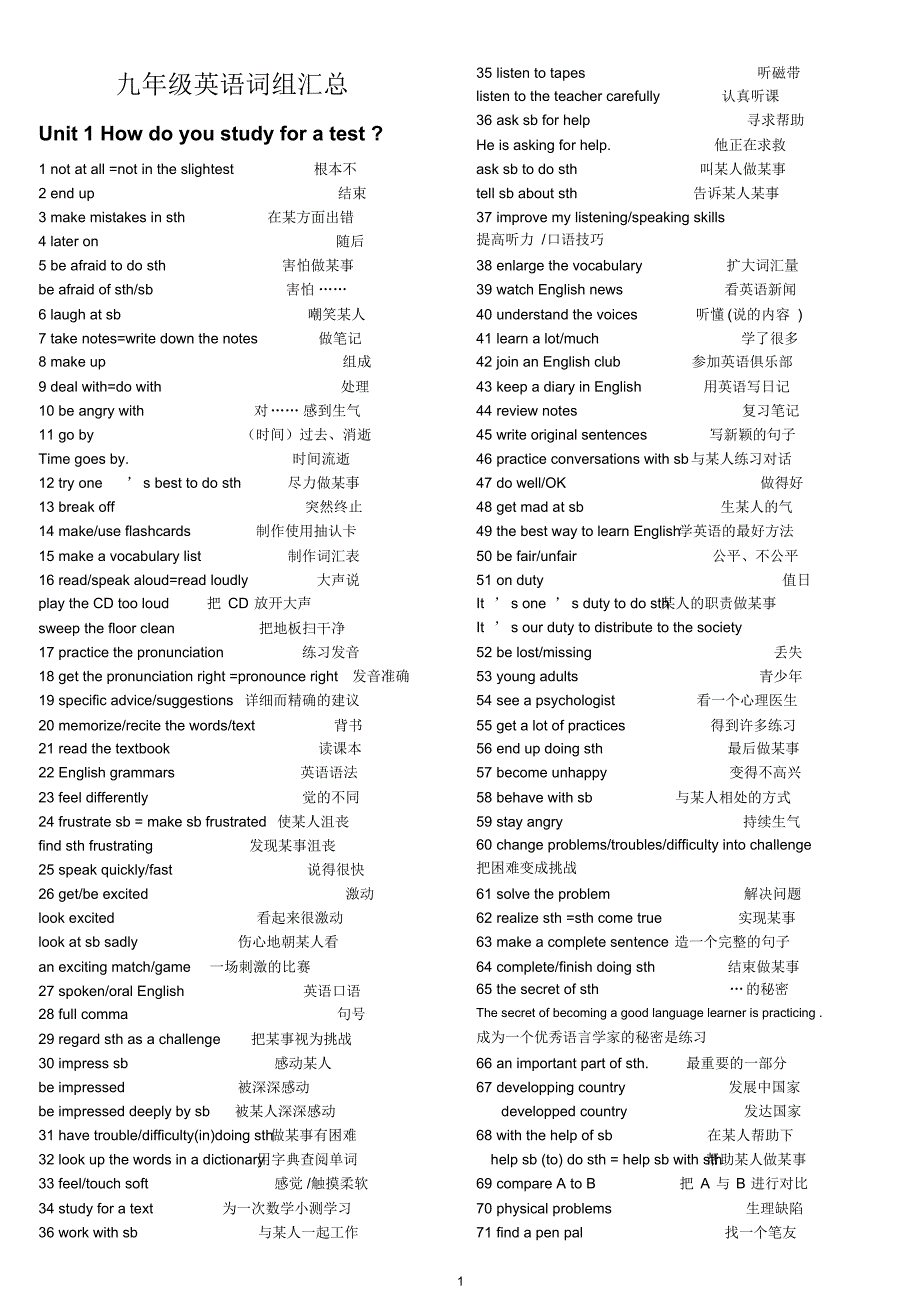 人教版英语九年级全部词组_第1页