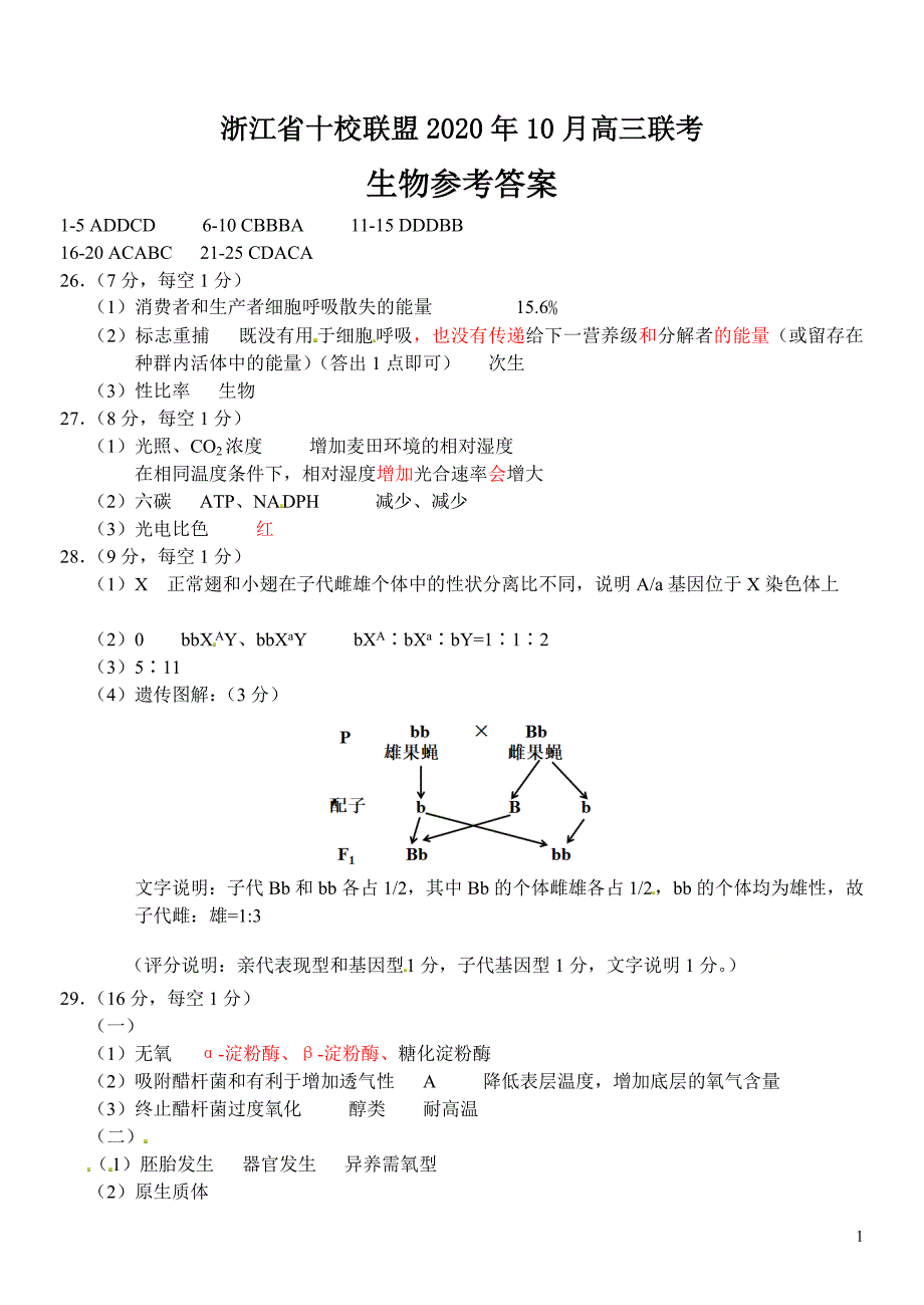 浙江省十校联盟2020年10月高三联考生物试题答案_第1页