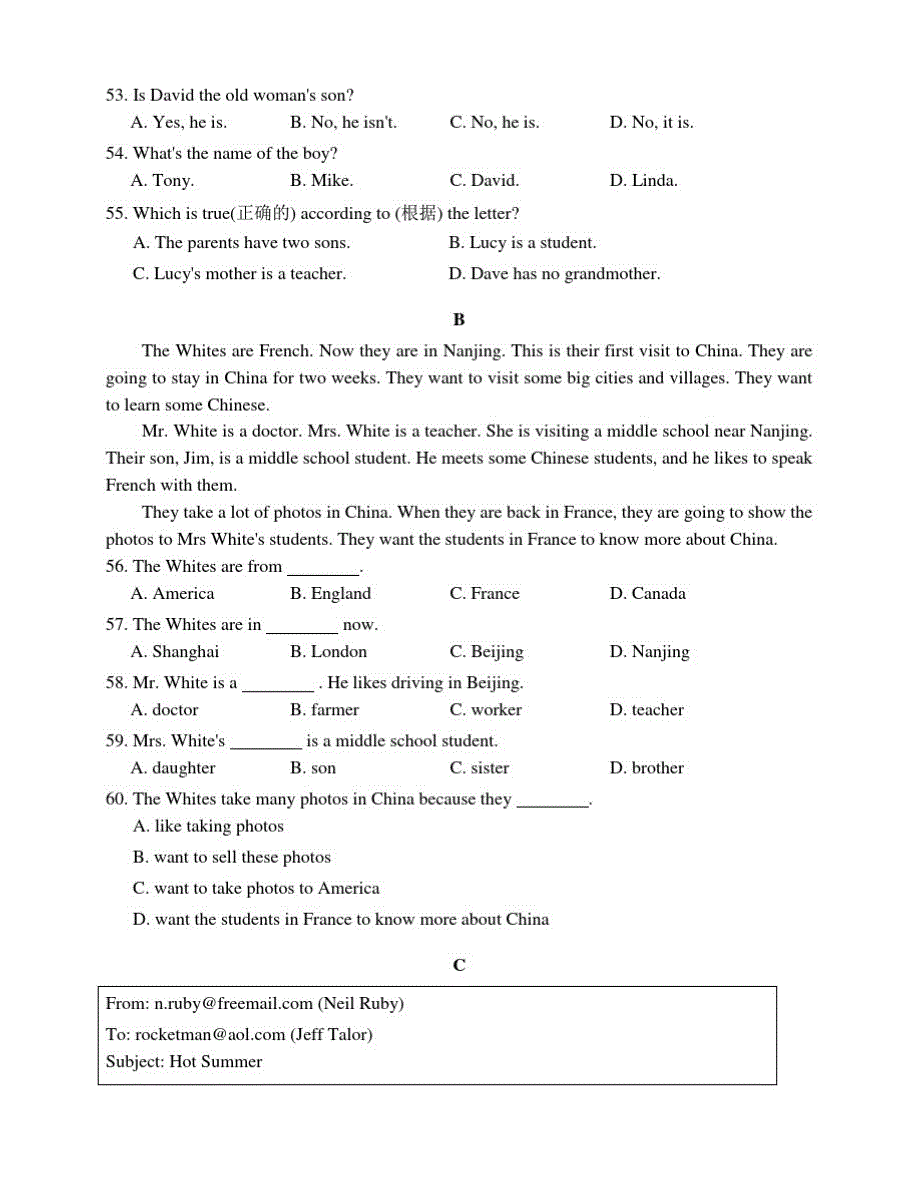 外研版英语初中七年级上册Module2Myfamily单元练习题(含答案)_第4页