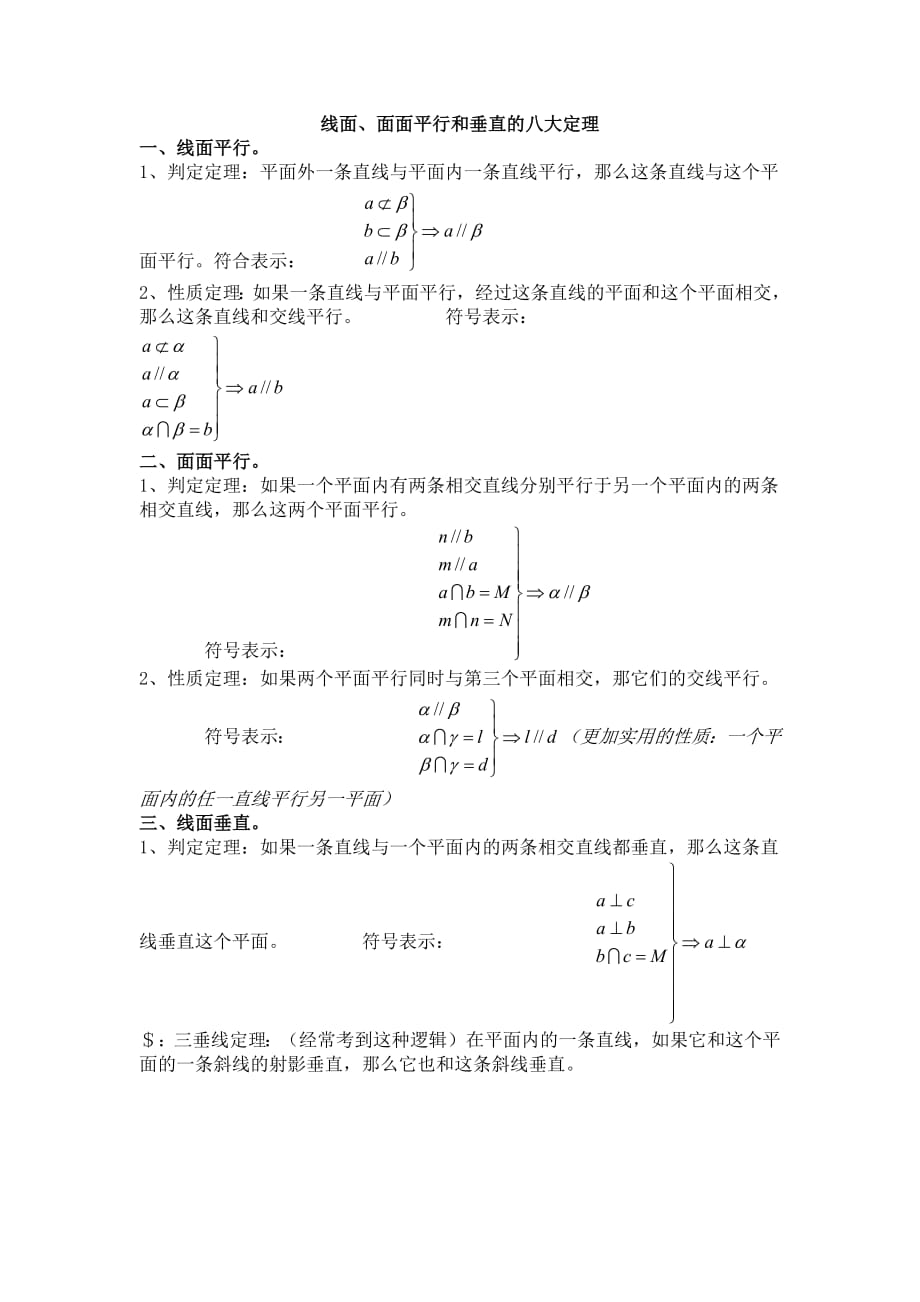 线面、面面平行和垂直的八大定理-平面八大定理-修订编选_第1页