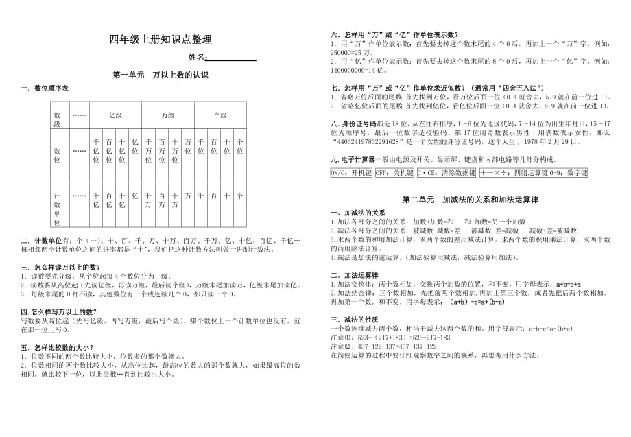 西师版四年级上册数学知识点整理-修订编选_第1页