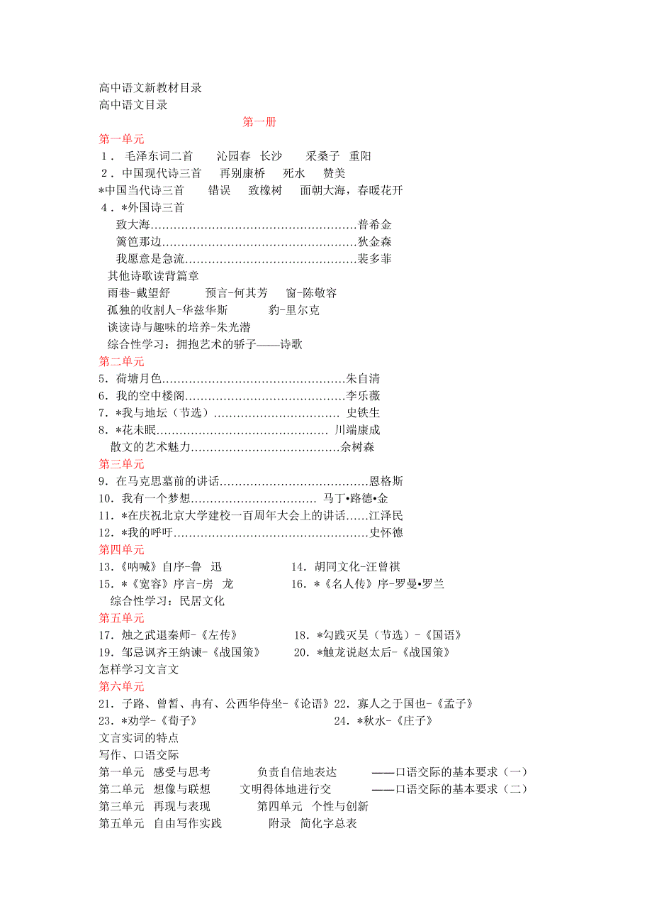 高中语文新教材(人教版)目录-修订编选_第1页