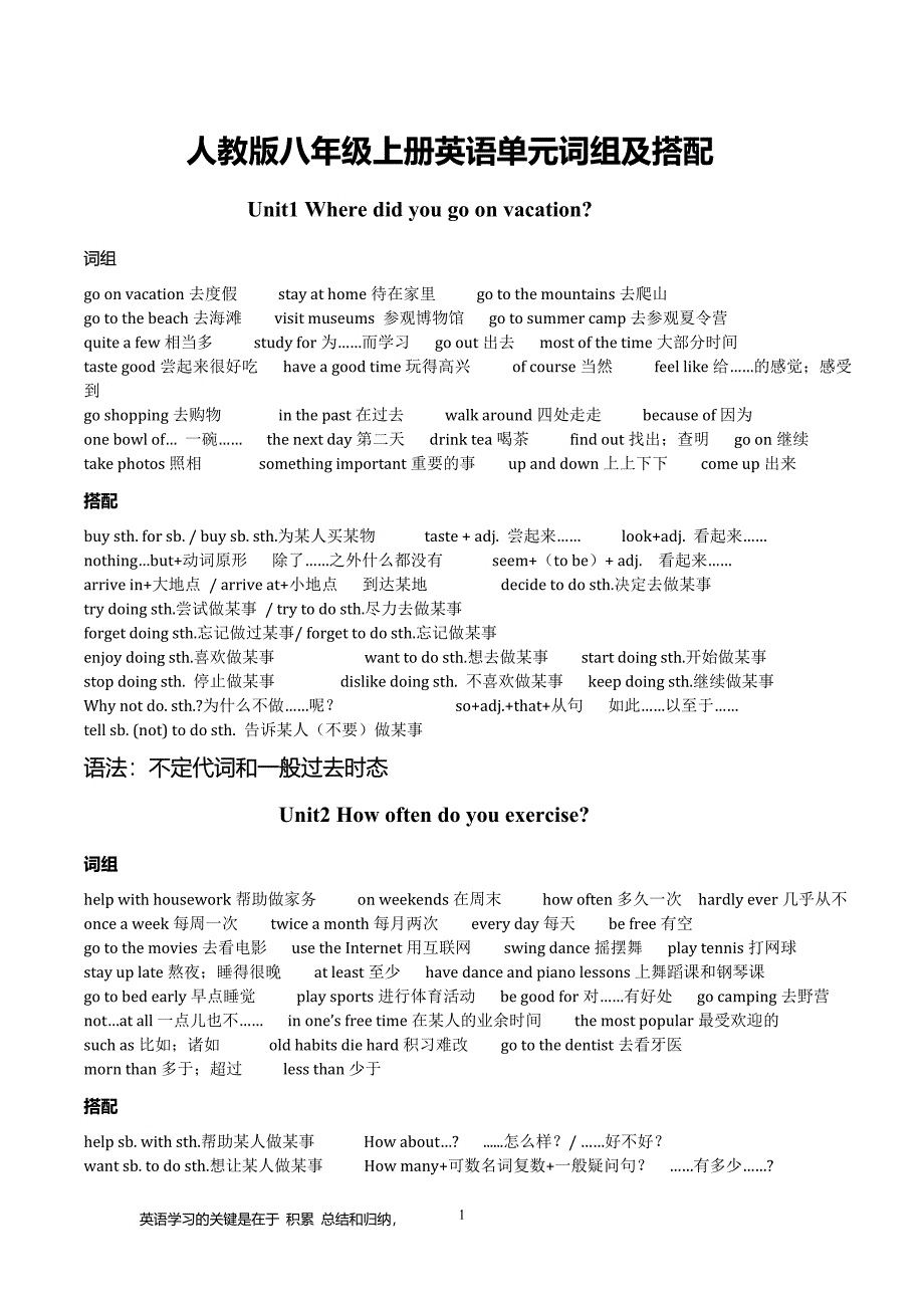 新版英语人教版八年级上册各单元知识点--修订编选_第1页