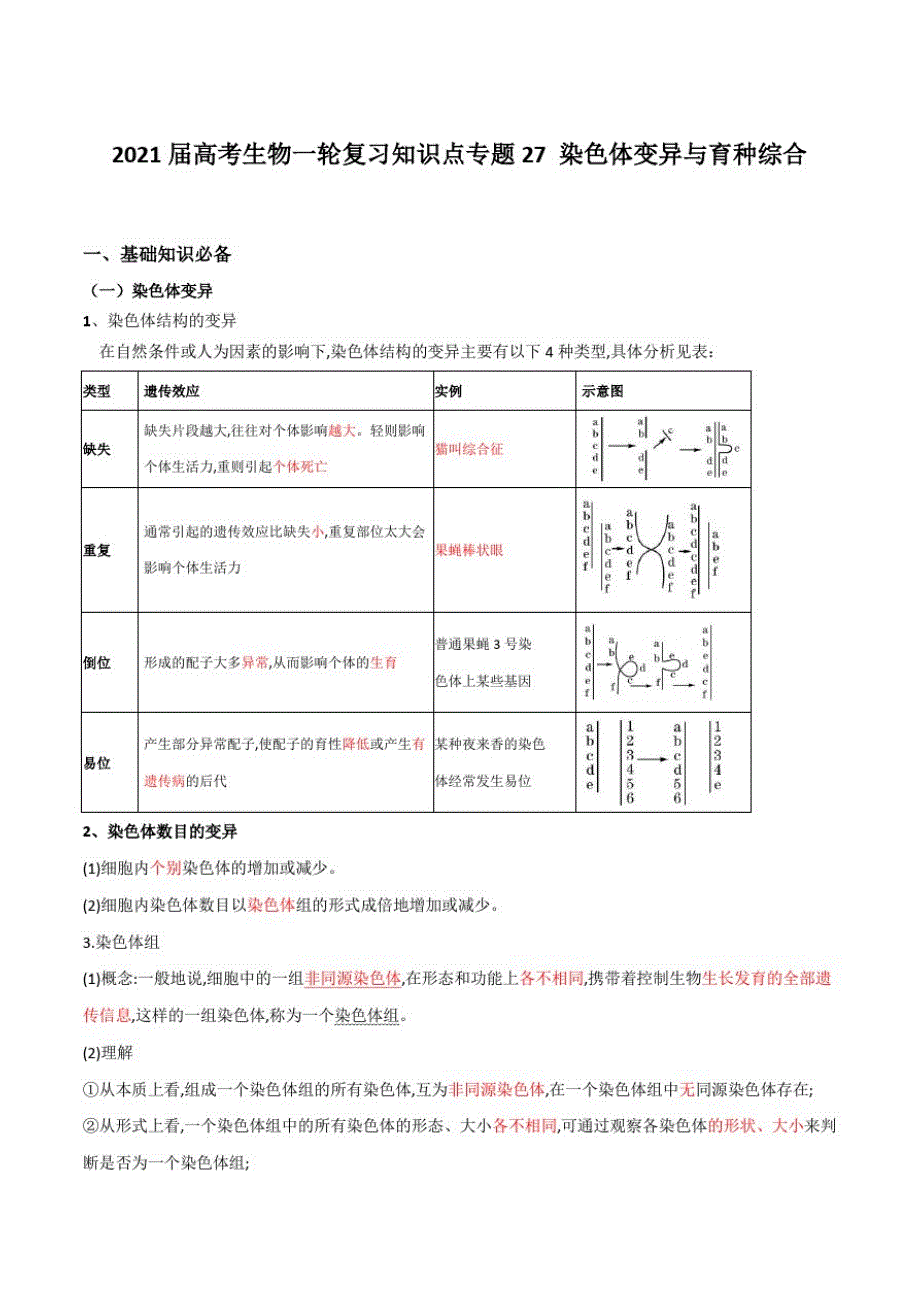 2021届高考生物一轮复习知识点专题27染色体变异与育种综合【含解析】_第1页