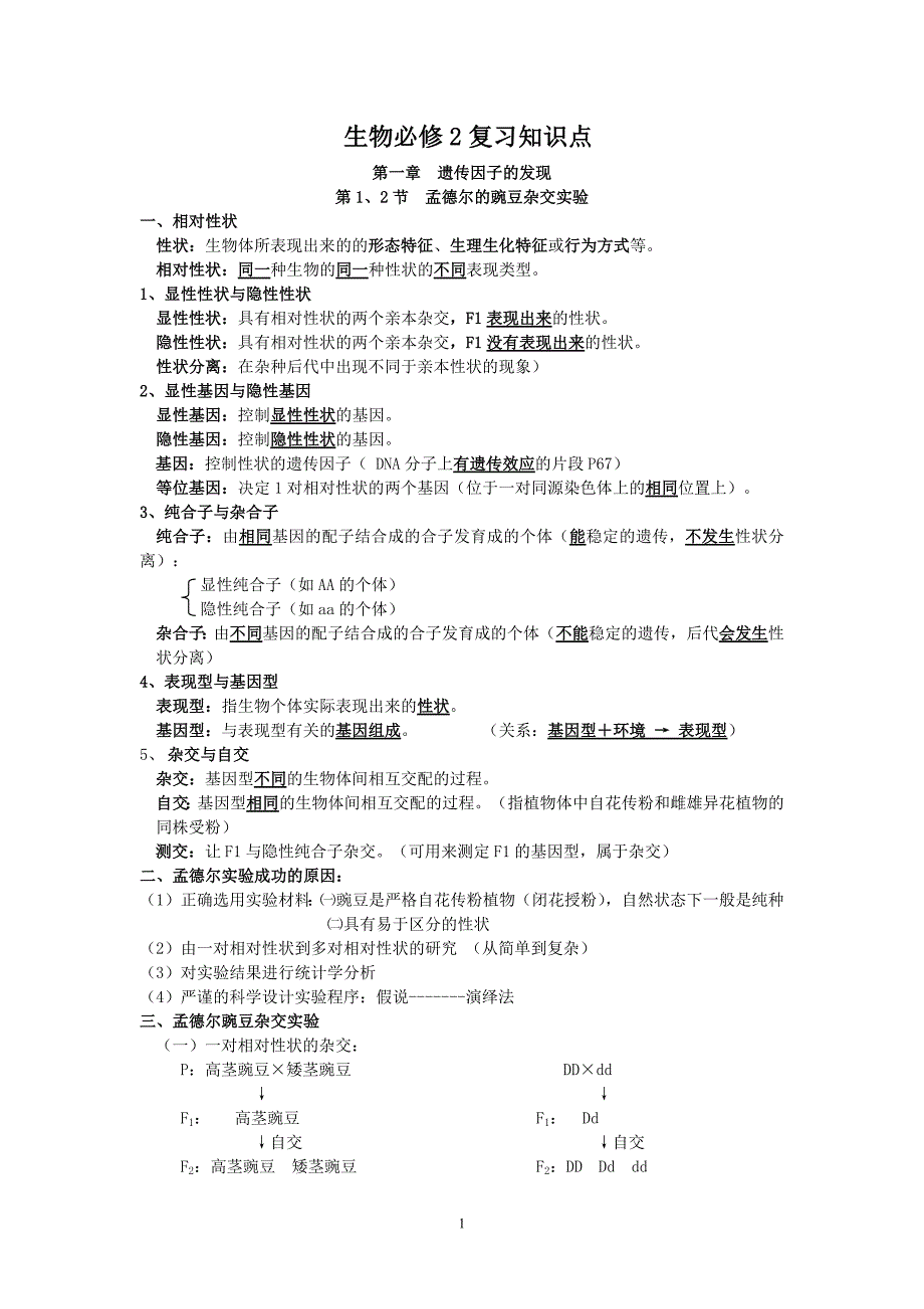 高一生物必修二知识点总结(人教版复习提纲)期末必备（最新编写-修订版）_第1页