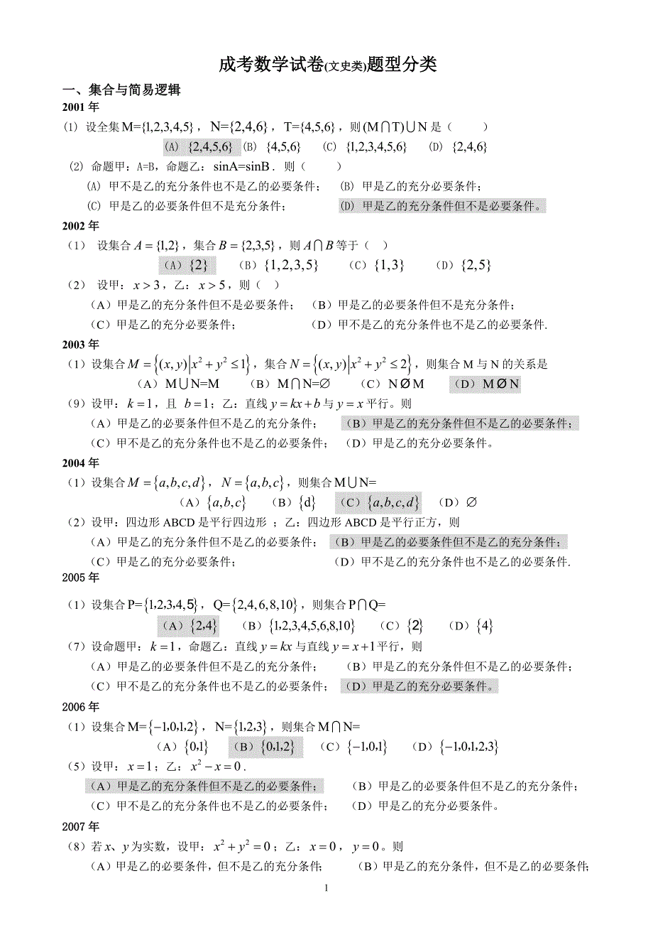 成人高考数学试题(历年成考数学试题与解答提示)-修订编选_第1页