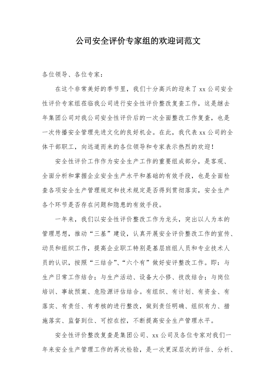 公司安全评价专家组的欢迎词范文（可编辑）_第1页