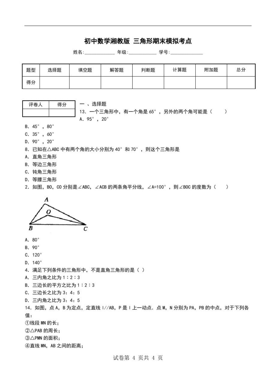 初中数学湘教版三角形期末模拟考点.doc-_第1页