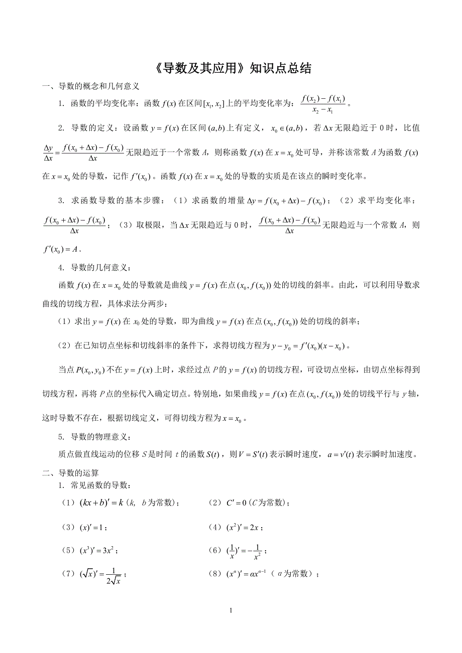 导数知识点总结及应用-修订编选_第1页