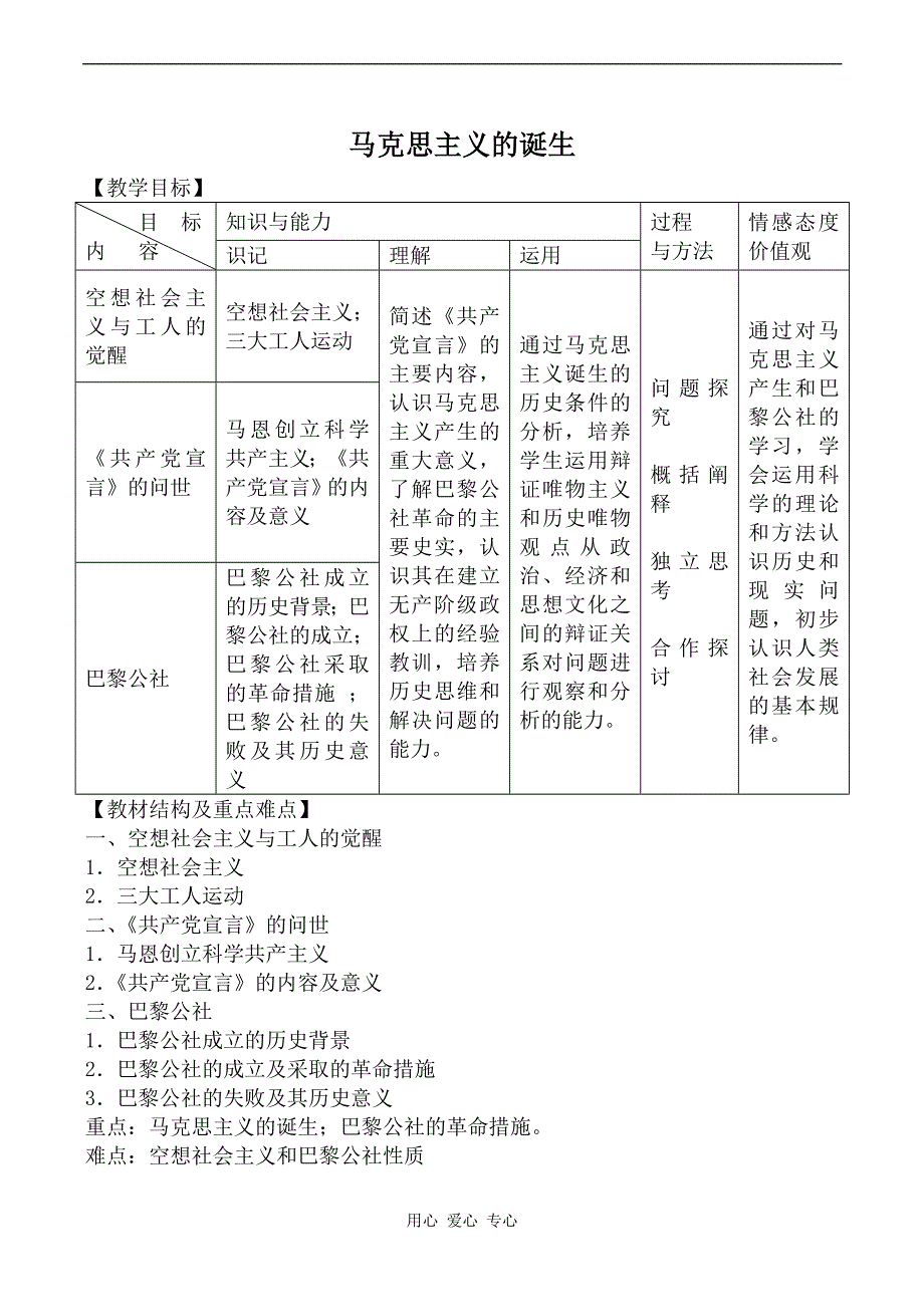 岳麓版必修1高中历史马克思主义的诞生教案--修订编选_第1页