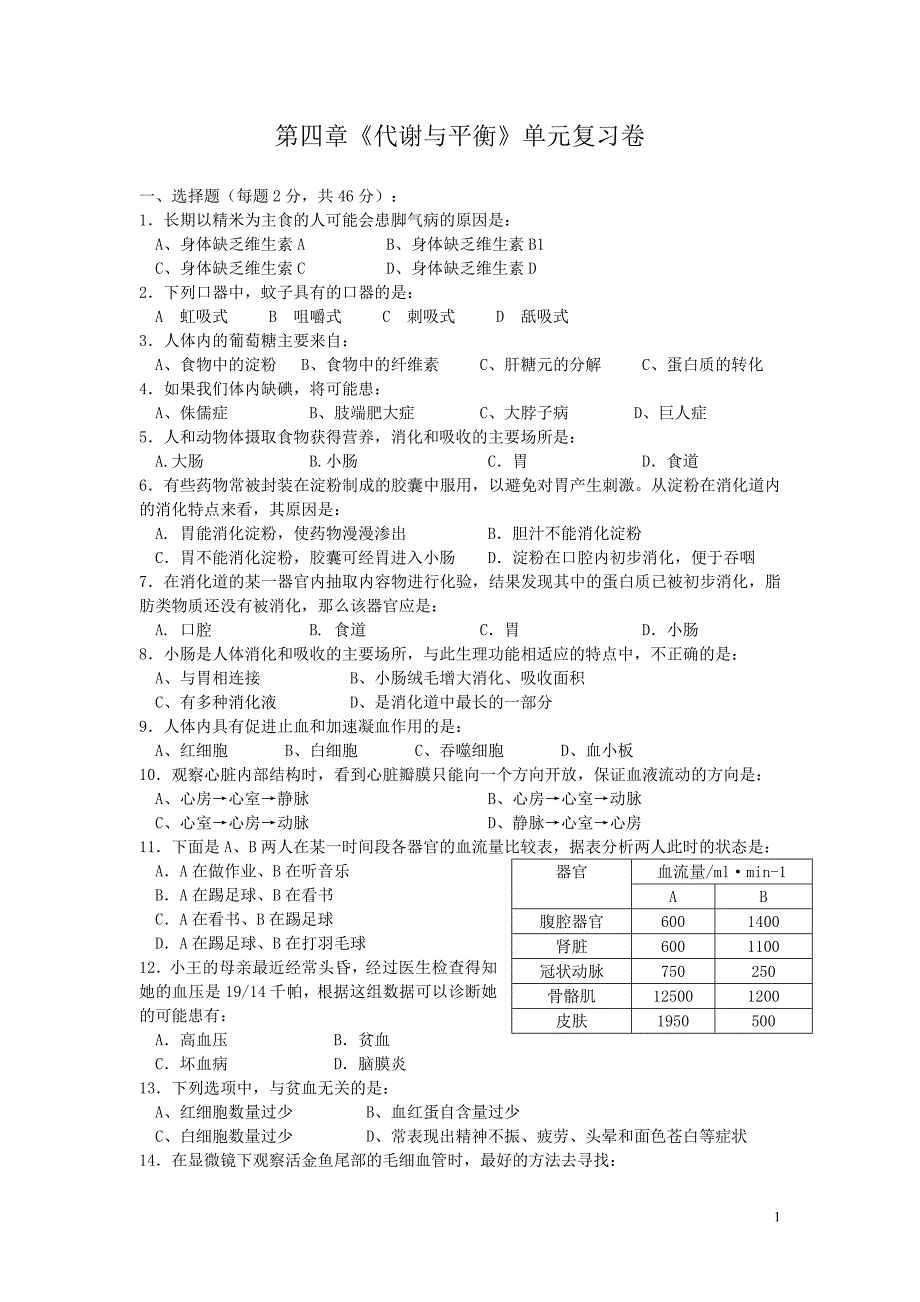 浙教版九上第四章《代谢与平衡》单元复习卷有答-修订编选_第1页