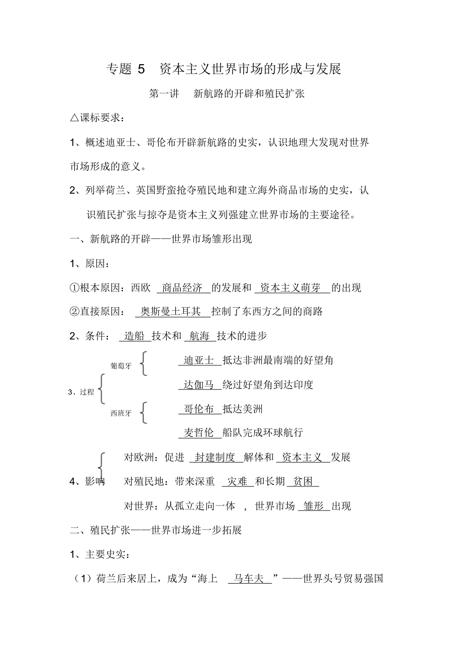 {精品}2021年高考历史专题知识提纲：专题5资本主义世界市场的形成与发展_第1页