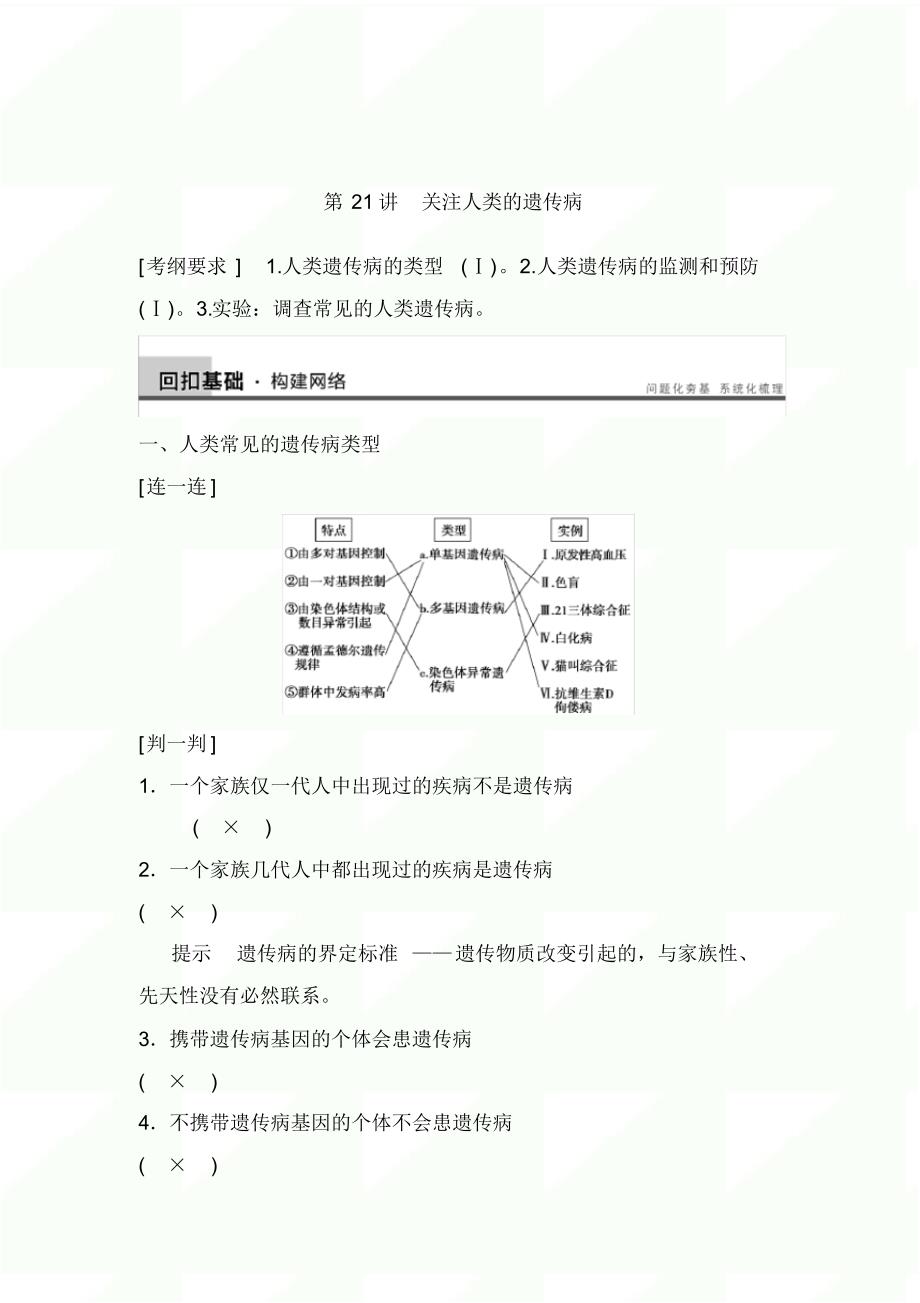 {精品}2020届苏教版高考生物大一轮复习精品讲义：第七单元第21讲关注人类的遗传病_第1页