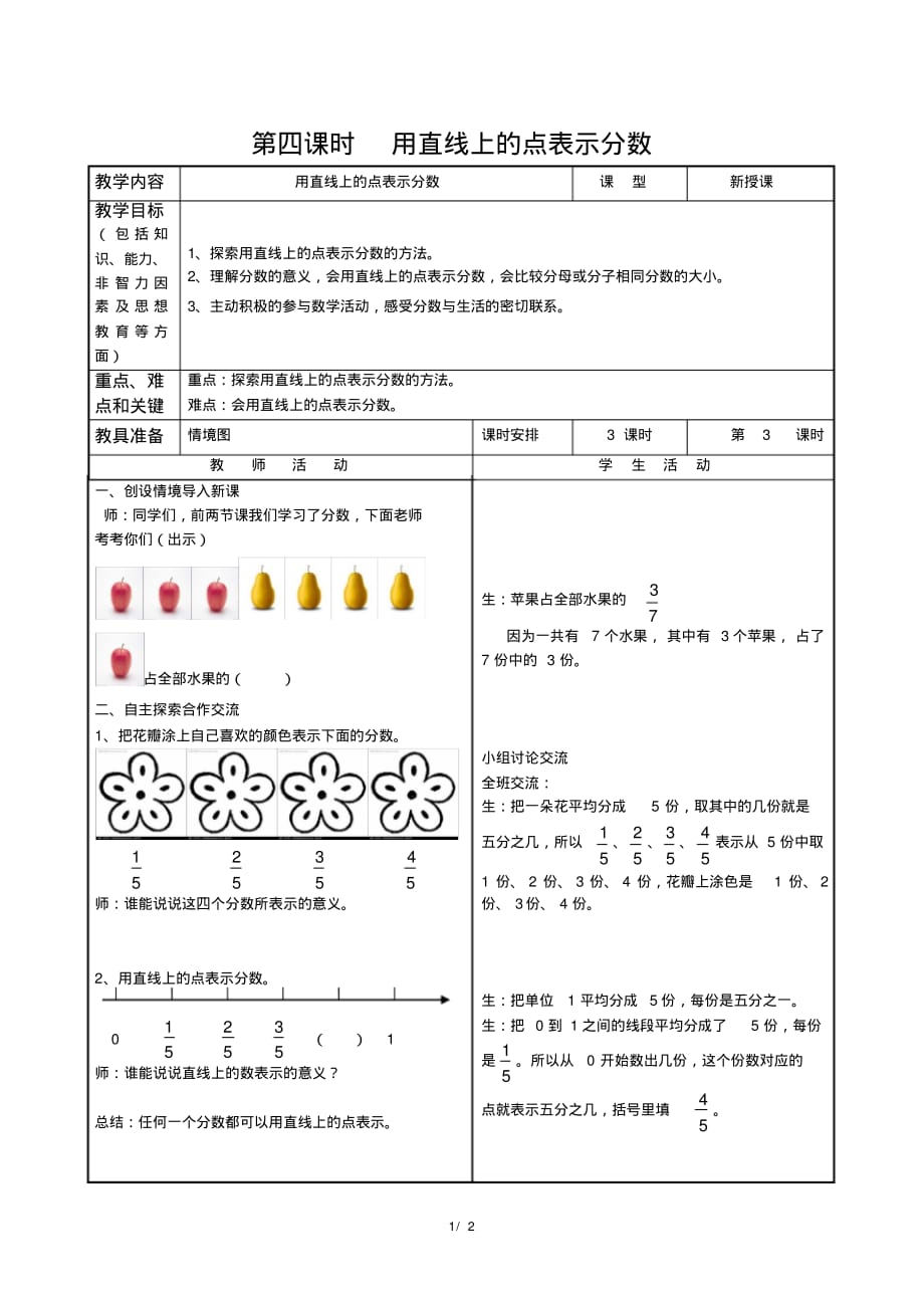 冀教版小学数学四年级下册《第五单元分数的意义和认识：4.用直线上的点表示分数》教学设计_第1页