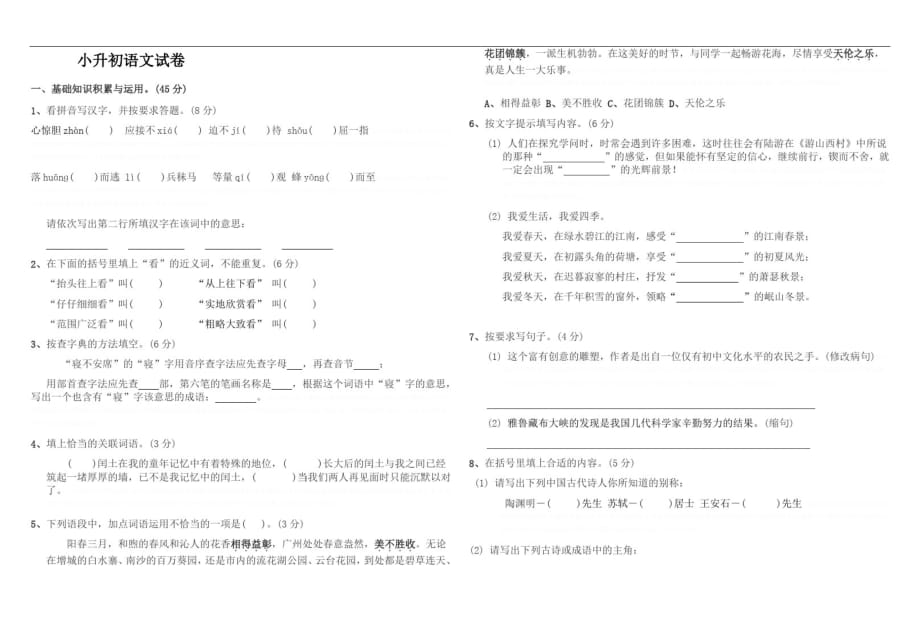 泰山博文中学小升初语文试卷及答案_第1页