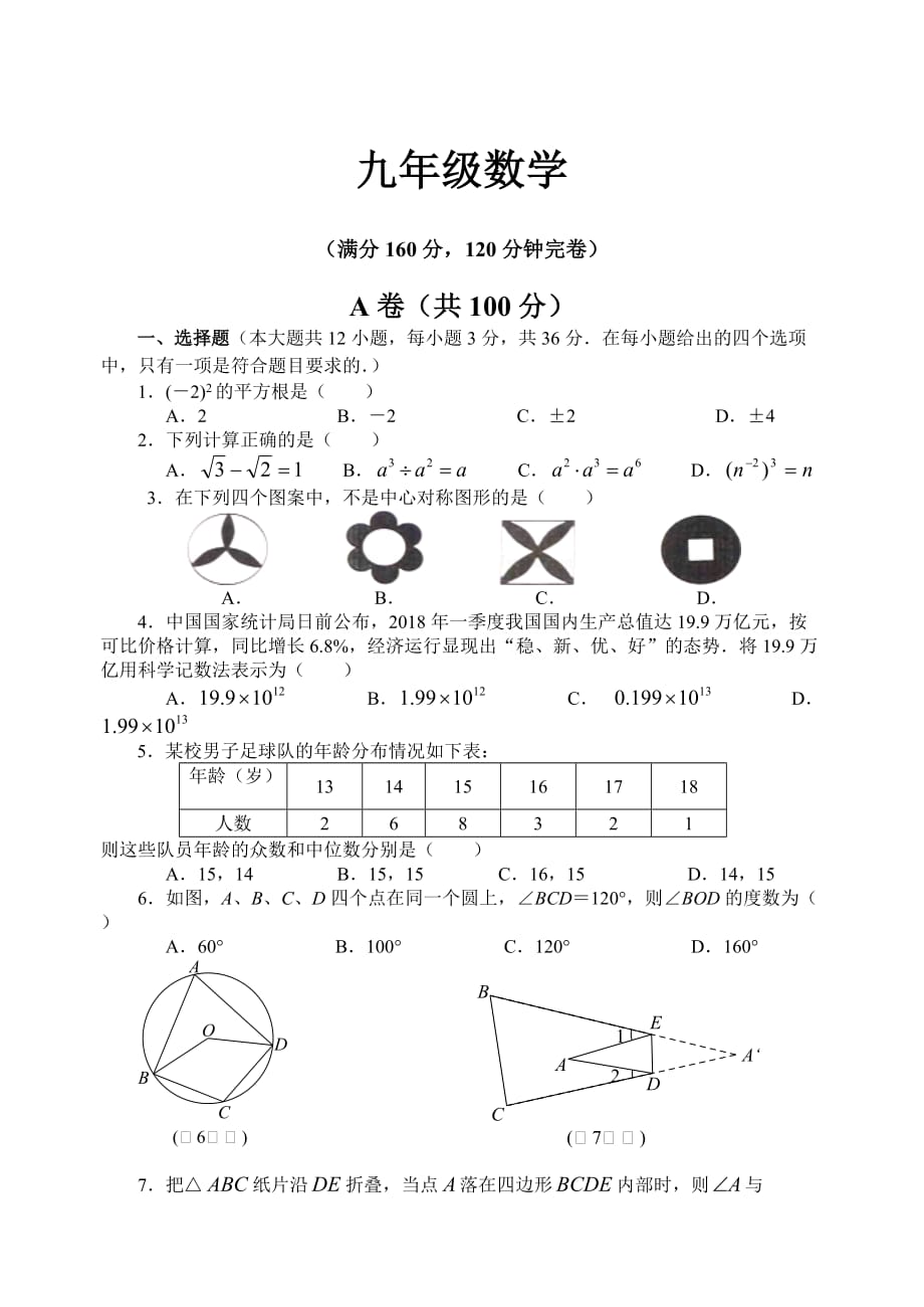 初中数学九年级期末模拟检测试题（含答案）_第1页