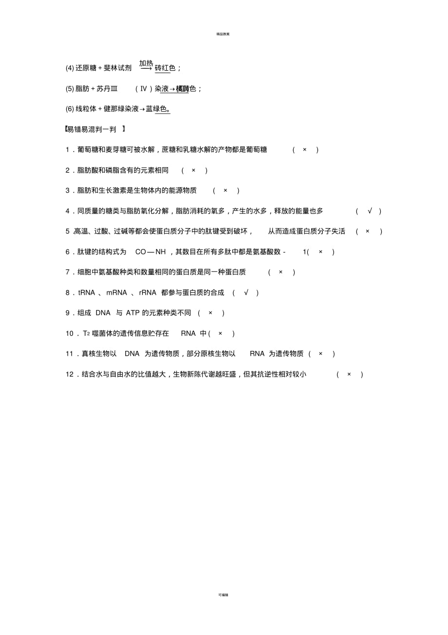 高考生物三轮冲刺考前3个月必修核心知识过关练细胞的分子组成_第2页