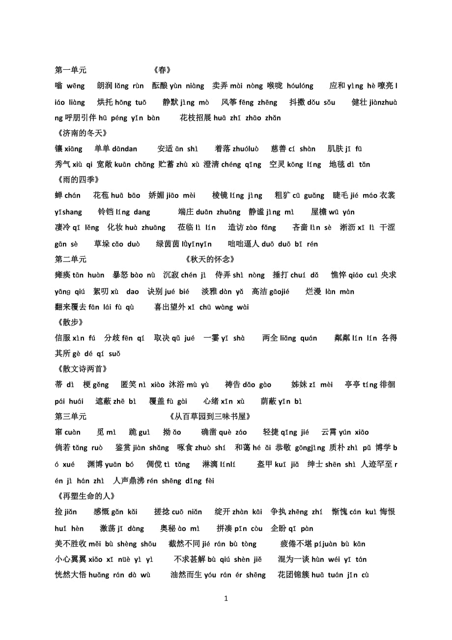 初中语文 七年级下册生字词语复习资料 教案_第1页