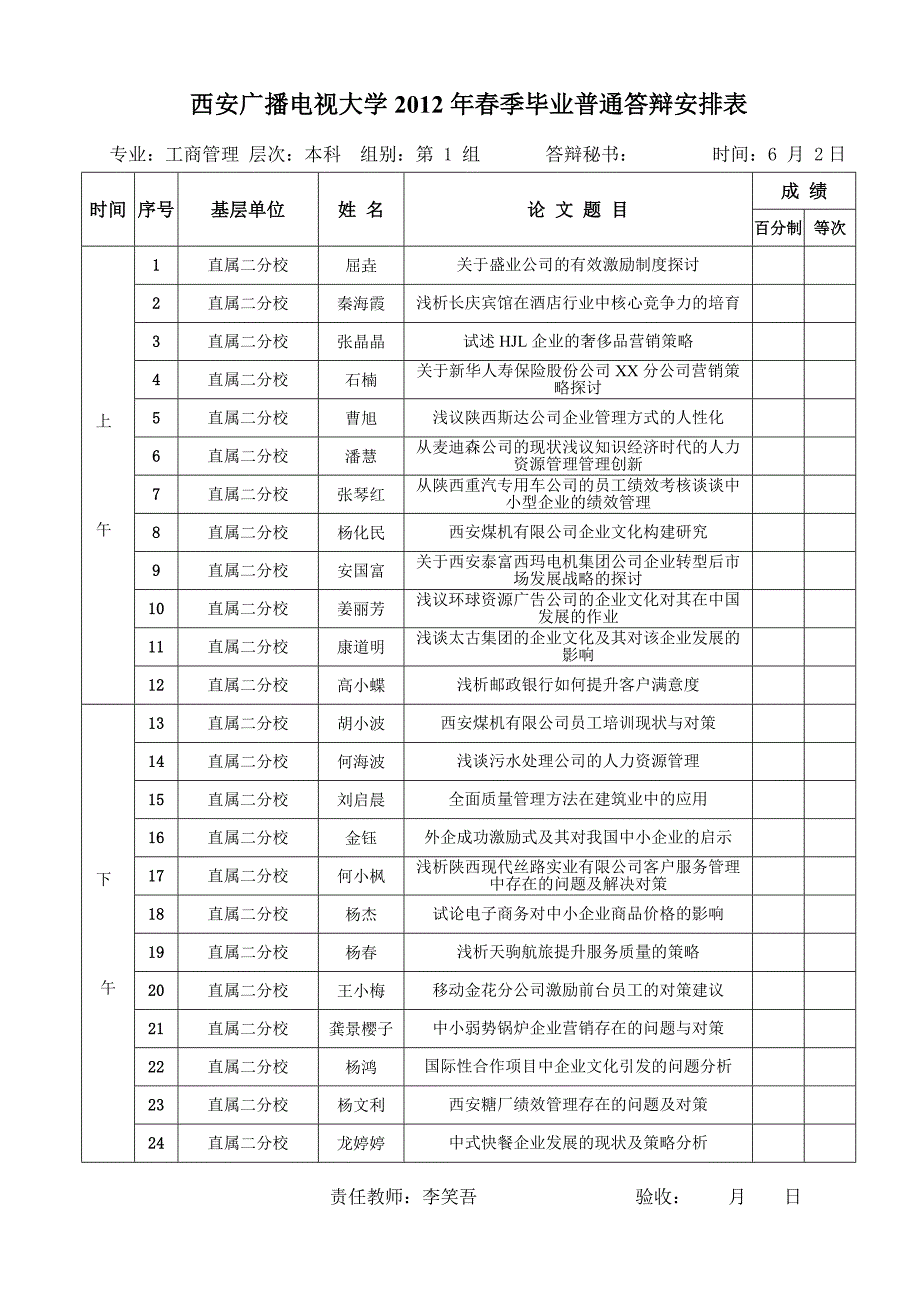 1628编号西安电大2012年春季工商管理本科普通答辩安排表_第1页