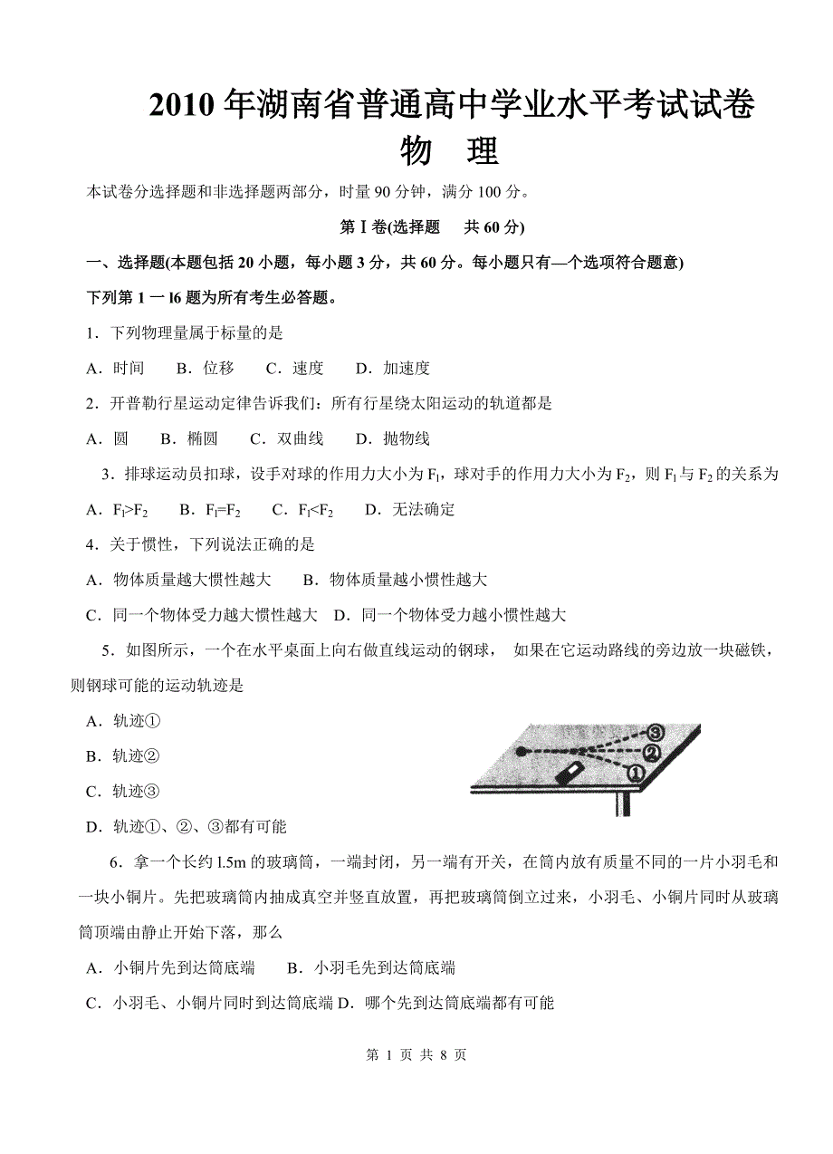 103编号2010年湖南省普通高中学业水平考试物理(含答案)_第1页