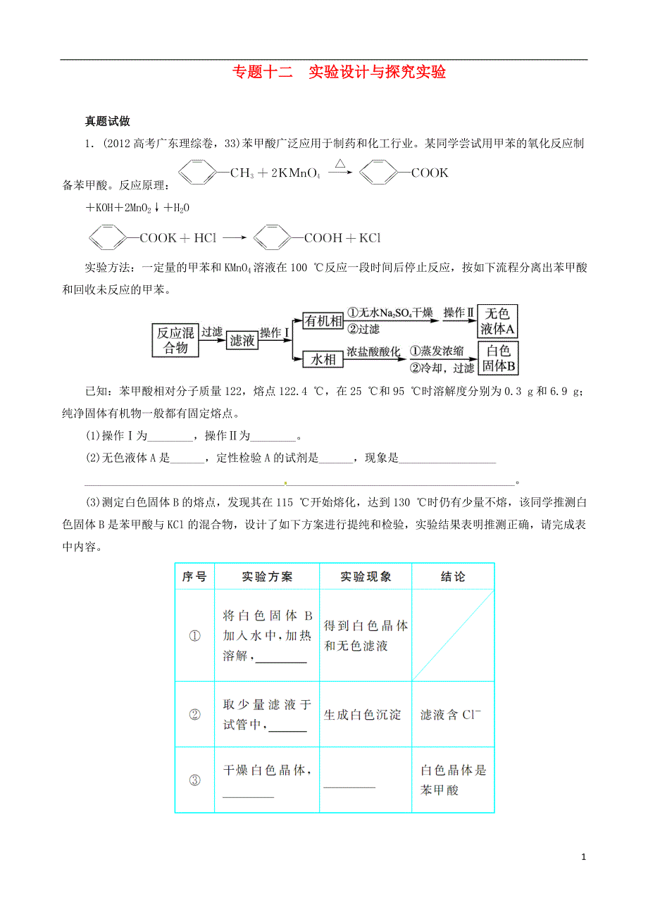 广东省2013年高考化学二轮复习 技巧总结 专题十二 实验设计与探究实验.doc_第1页