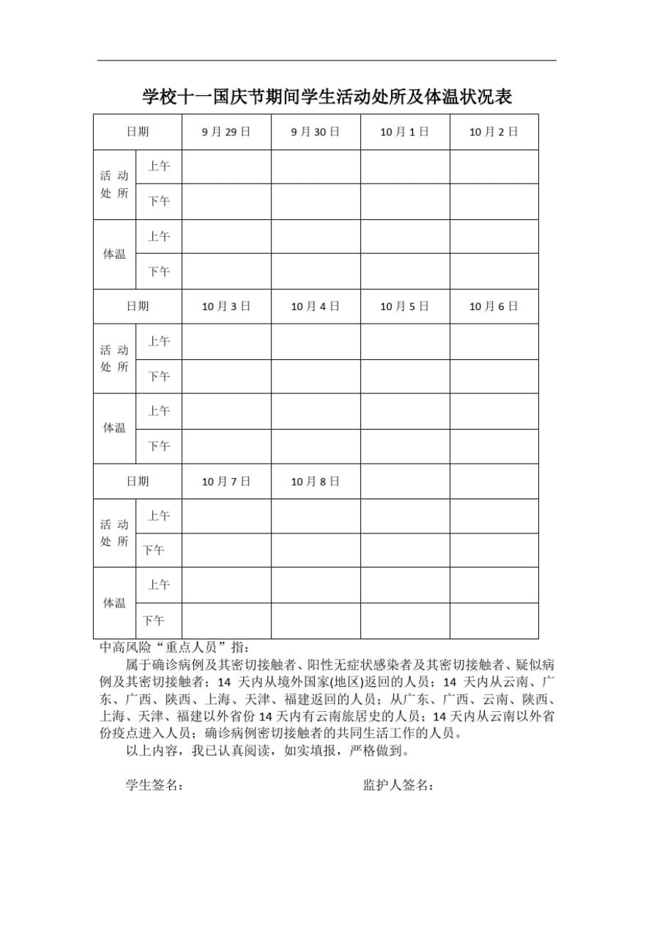 学校2020年十一国庆节期间学生活动处所及体温状况表_第1页