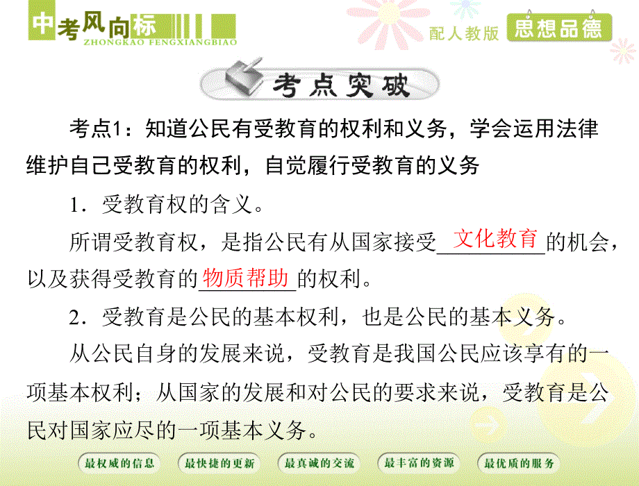 中考风向标》思想品德人教版第一部分八年级下册第2课时我们的文化、经济权利配套演示课件_第3页