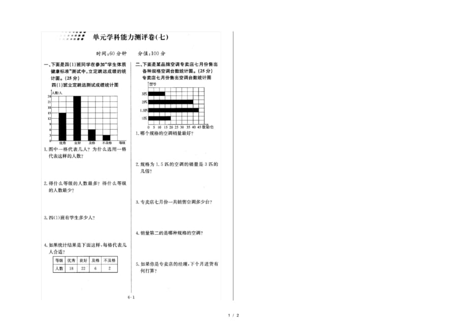 小学四年级数学第一学期单元学科能力测评卷(七)_第1页