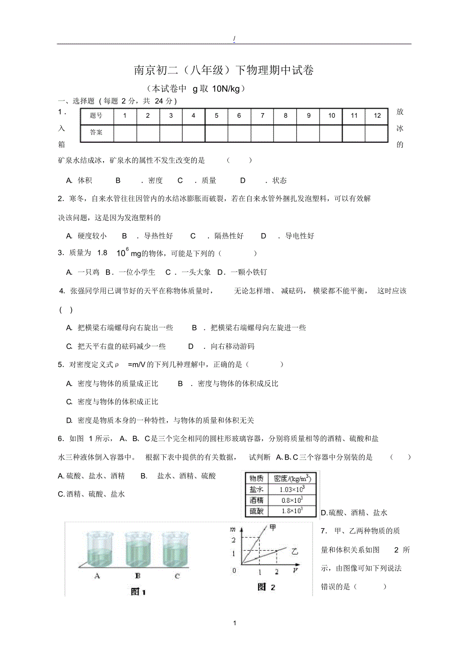(完整版)南京八年级下册物理期中试卷_第1页