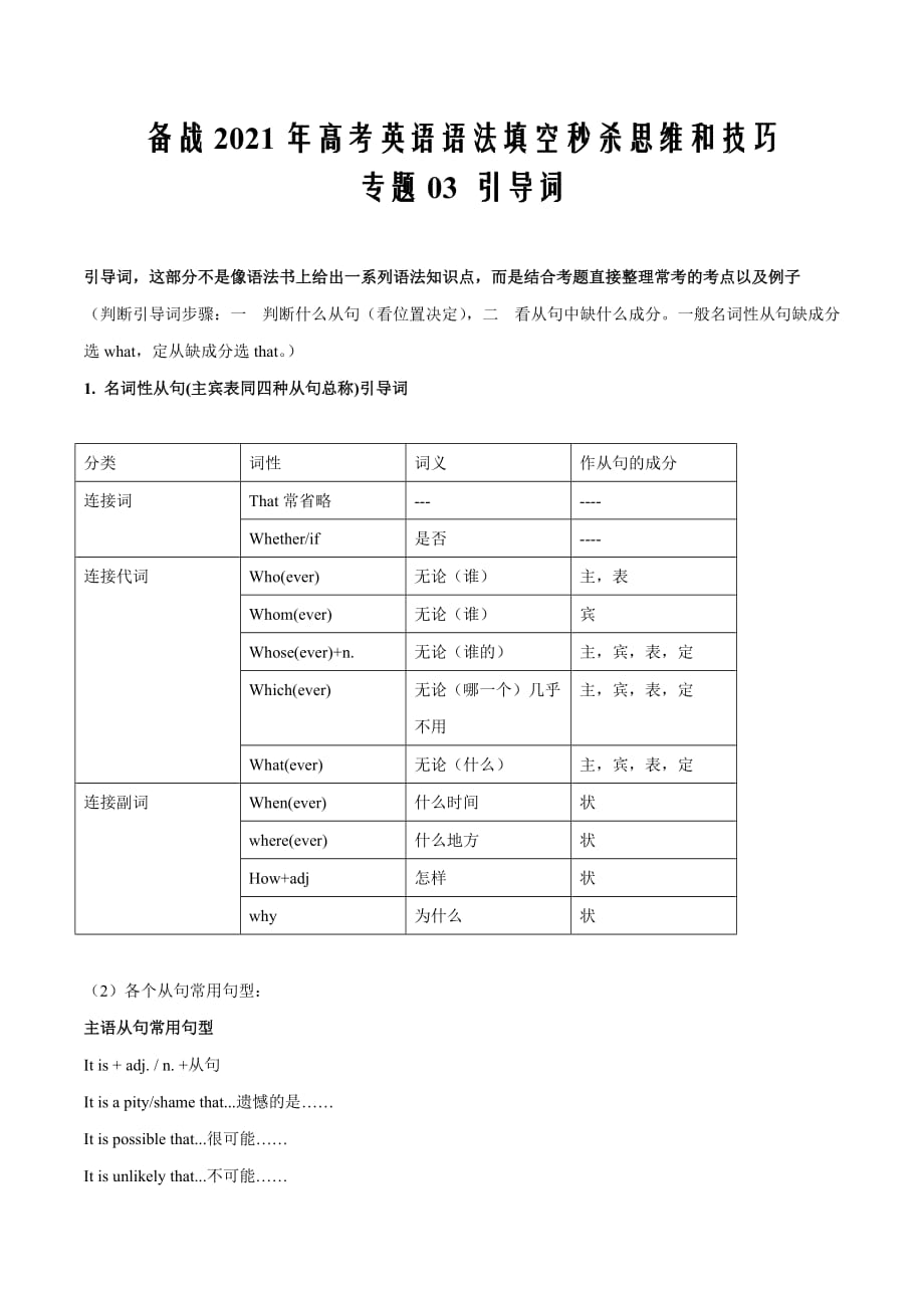 备战2021届高考英语语法填空秒杀思维和技巧专题03 引导词_第1页