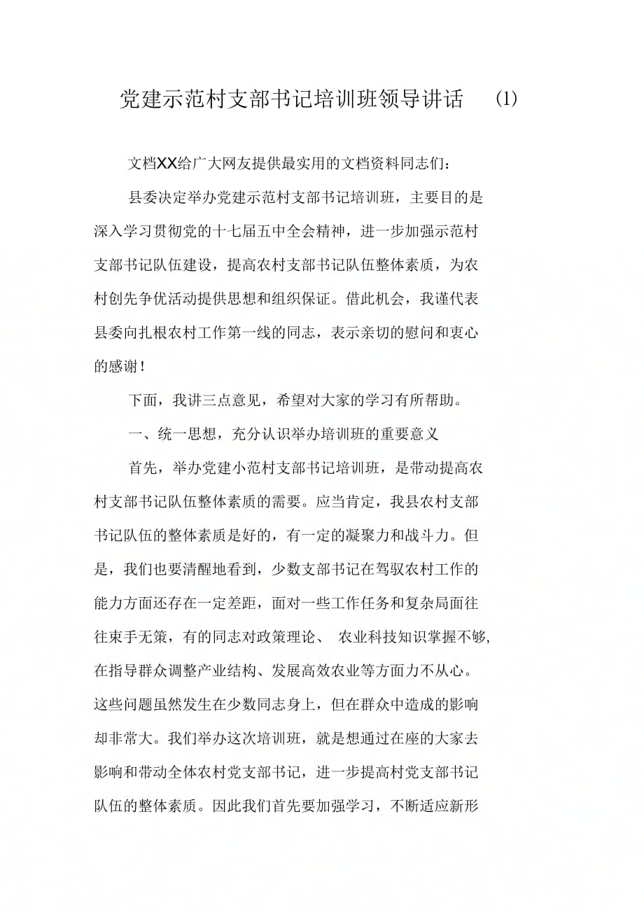 202X年党建示范村支部书记培训班领导讲话(1)_第1页